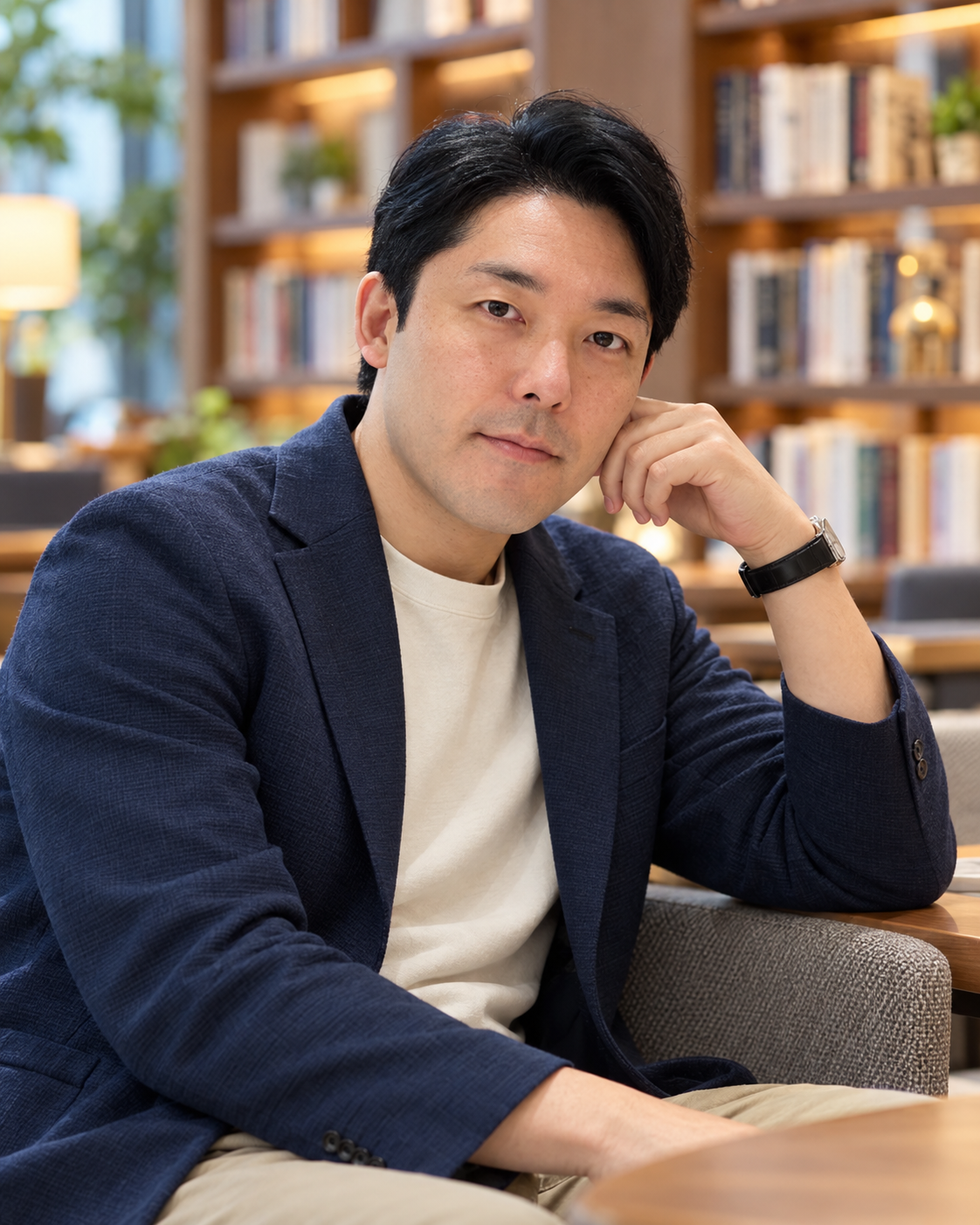 書棚の前に座る中田敦彦